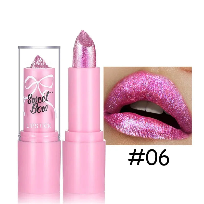 Pink Luxurious Metallic Glitter Lipstick Lasting Waterproof Shimmery Pearl Sparkling Hydrating Lipstick Women Makeup...