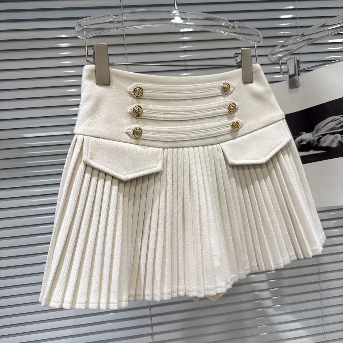 DEAT Trendy 2026 Autumn New Elegant Double Breasted Faux Woolen High-Waisted Pleated Skirt For Women A-line Skirts 11C320