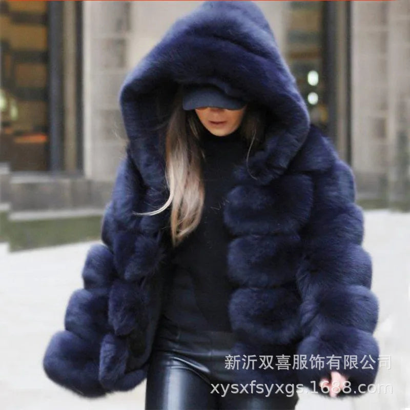Women Hooded Thick Jackets Fur Faux Solid Zipper Coat Long Sleeve Cardigan Spliced Hoodies Warm Streetwear Coats Winter