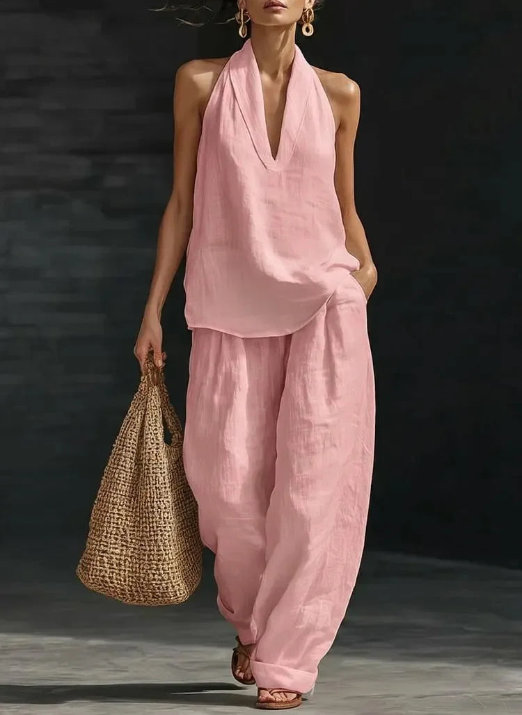 Casual Solid Set For Women Fashion Solid Sleeveless V Neck Tops+High Waist Wide Leg Pants 2 Piece Sets Lady Holiday Women's