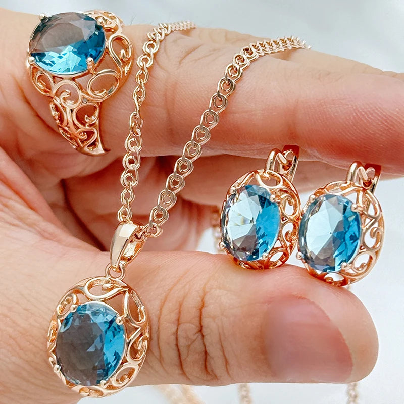 Kinel Hot Shiny Blue Natural Zircon Jewelry Sets for Women Fashion 585 Rose Gold Color Ring Earrings Necklace Daily Fine...