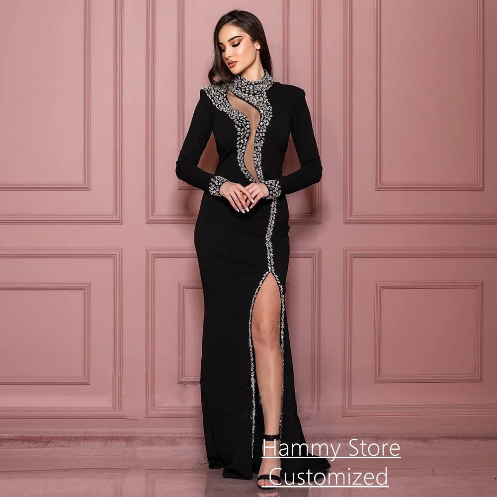 Sexy Black Mermaid Prom Dress Customized Crystal Party Gown Long Sleeves High Neck Split Dubai Evening Dresses for Woman