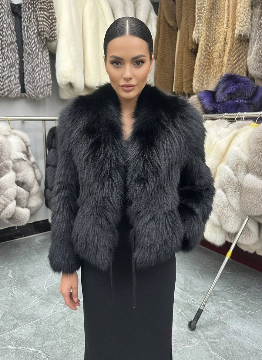 Lady's Natural Stripes Fox Fur Coat with Big Collar Spring Autumn Luxury Fashion Jacket