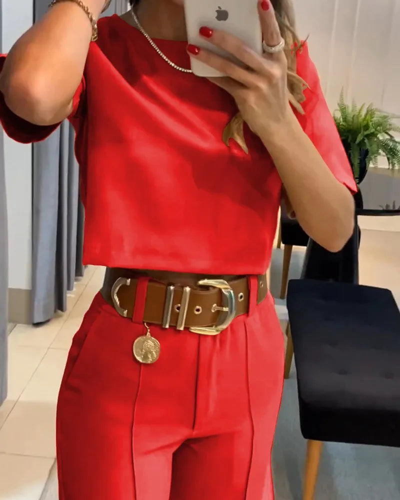 Summer New Temperament Commuter Solid Color Short-Sleeved Suit Pants Fashion Casual Suit Women's Two Pieces Set New In Matching