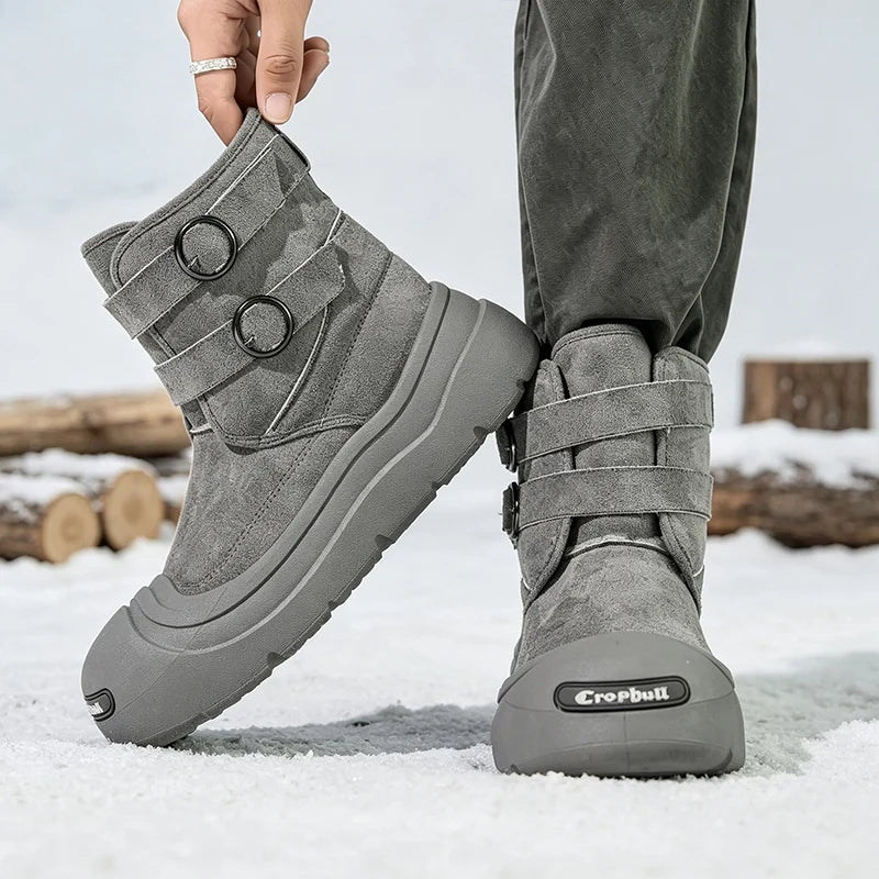 Men's Thick-Soled Snow Boots, Winter Fleece-Lined Warm Outdoor Anti-Slip Snow Boots, Double Buckle Ring Design, Motorcycle Style Short Boots, Trendy Versatile Casual Cotton Boots