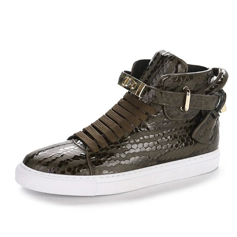 Luxury Designer Men Crocodile Pattern High Top Sneakers Glossy Patent Leather Gold Buckle Lace-up Casual Street Shoes Footwear