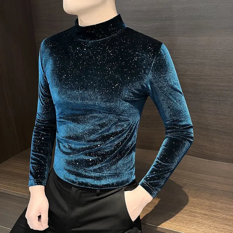 Gold Velvet Men's Long-sleeved T-shirt New Autumn and Winter Half Turtleneck Top Starry Sky Mid-collar Bottoming Shirt |...