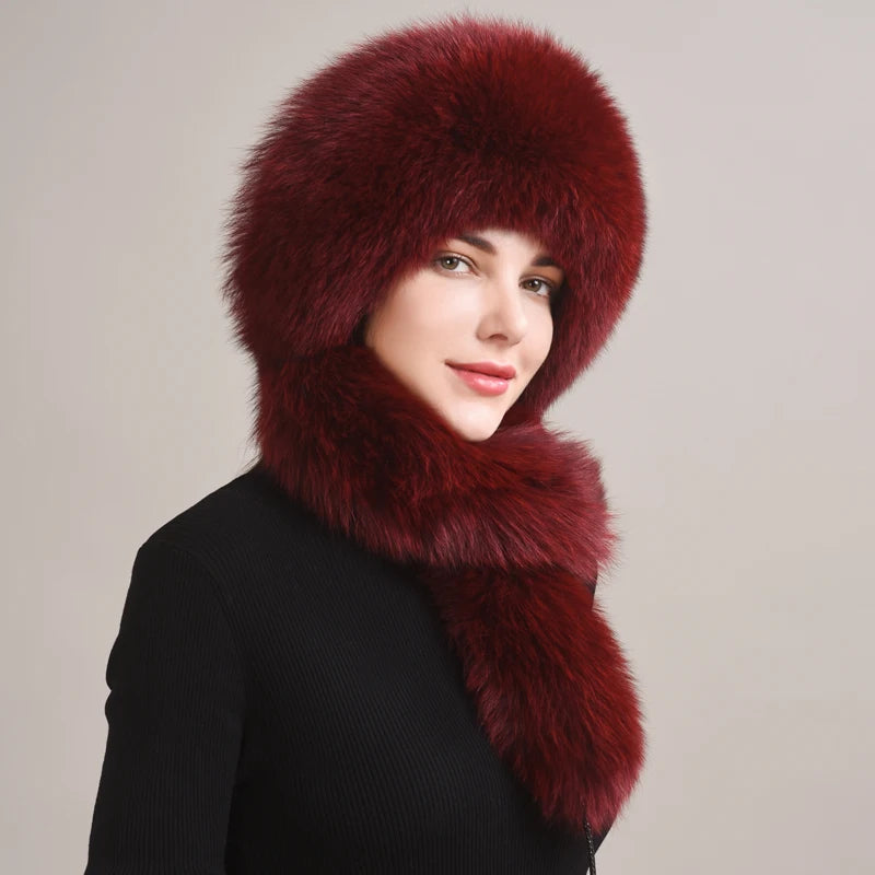 Real Fox Fur Hat with Rabbit Fur Top Girls Winter Hats with Long Tail Pompoms Russian Trapper Hats Bombers Cap Bonnets...