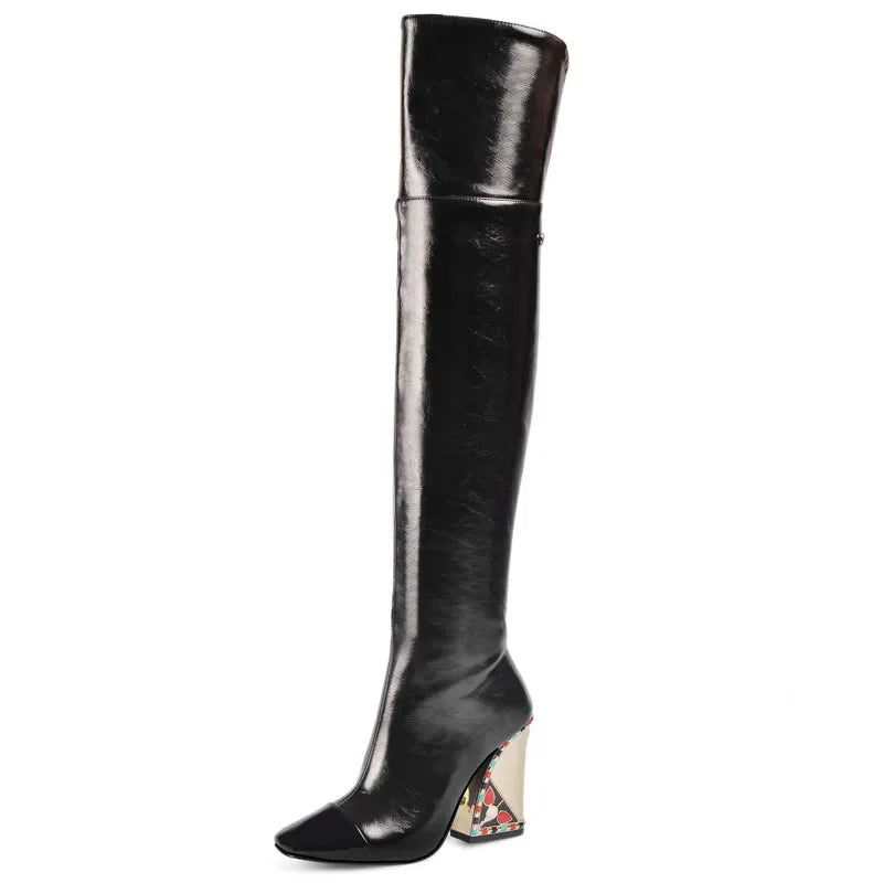 Colored Rhinestone Cowhide Mid Tube/knee Length Boots Thick Heeled Square Toe Black Gold Runway Runway Performance High Heels
