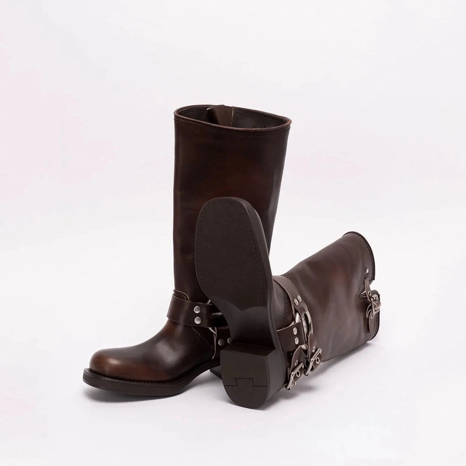 Arden Furtado 2025Autumn Brown Platform Motorcycle boots Round toe Belt buckle Slip-on Middle heel Knee high boots Western boots