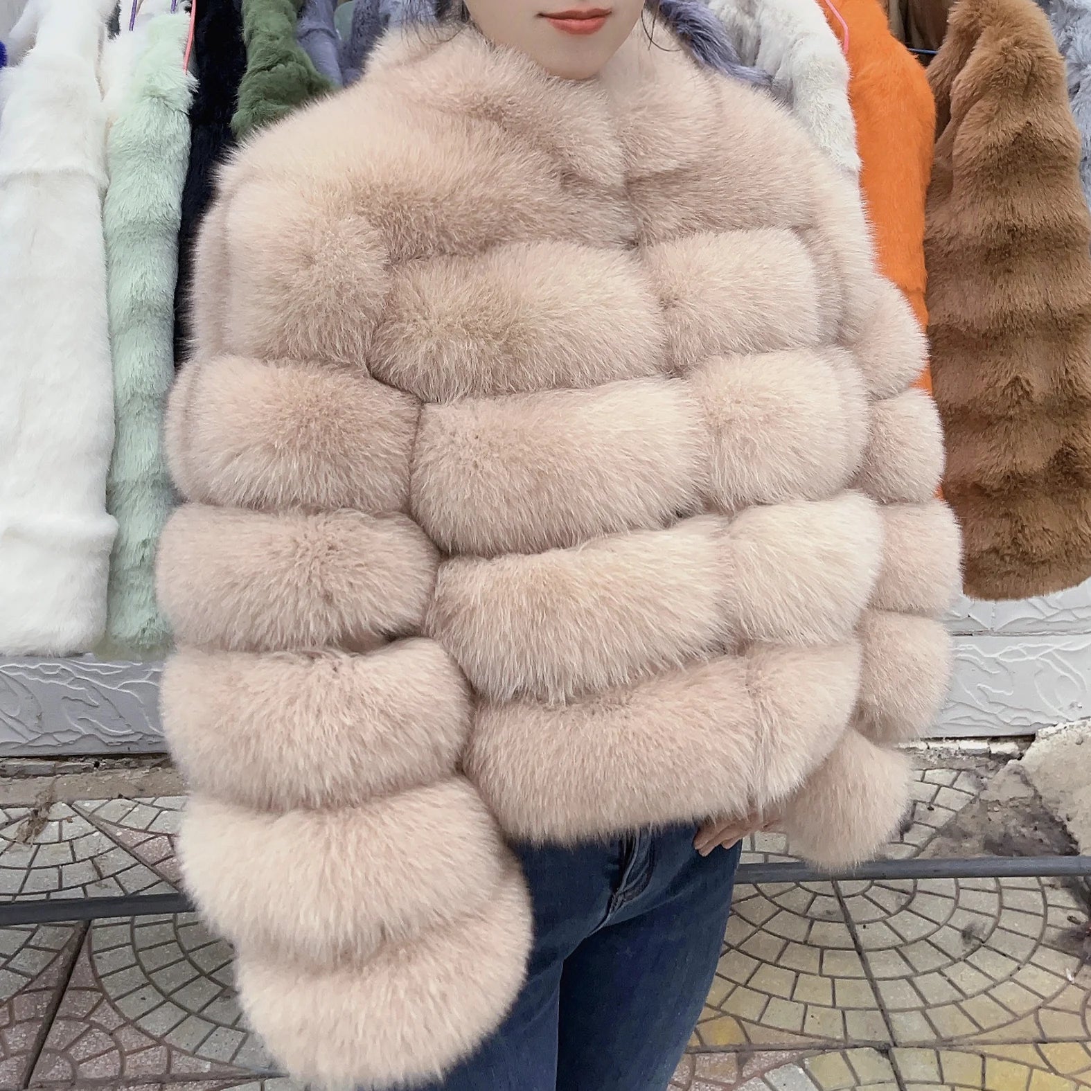 QUEENTINA Fox Fur Coat Real Winter New Outwears Women's Fashion Luxury Jacket High Quality Clothing Natural And Stand Collar