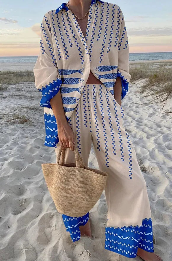 Boho Beach Holiday Print Shirt And Pants Two Pieces Sets Women Csaual Loose Long Sleeve Button Shirts Outfits Summer Pants Sets
