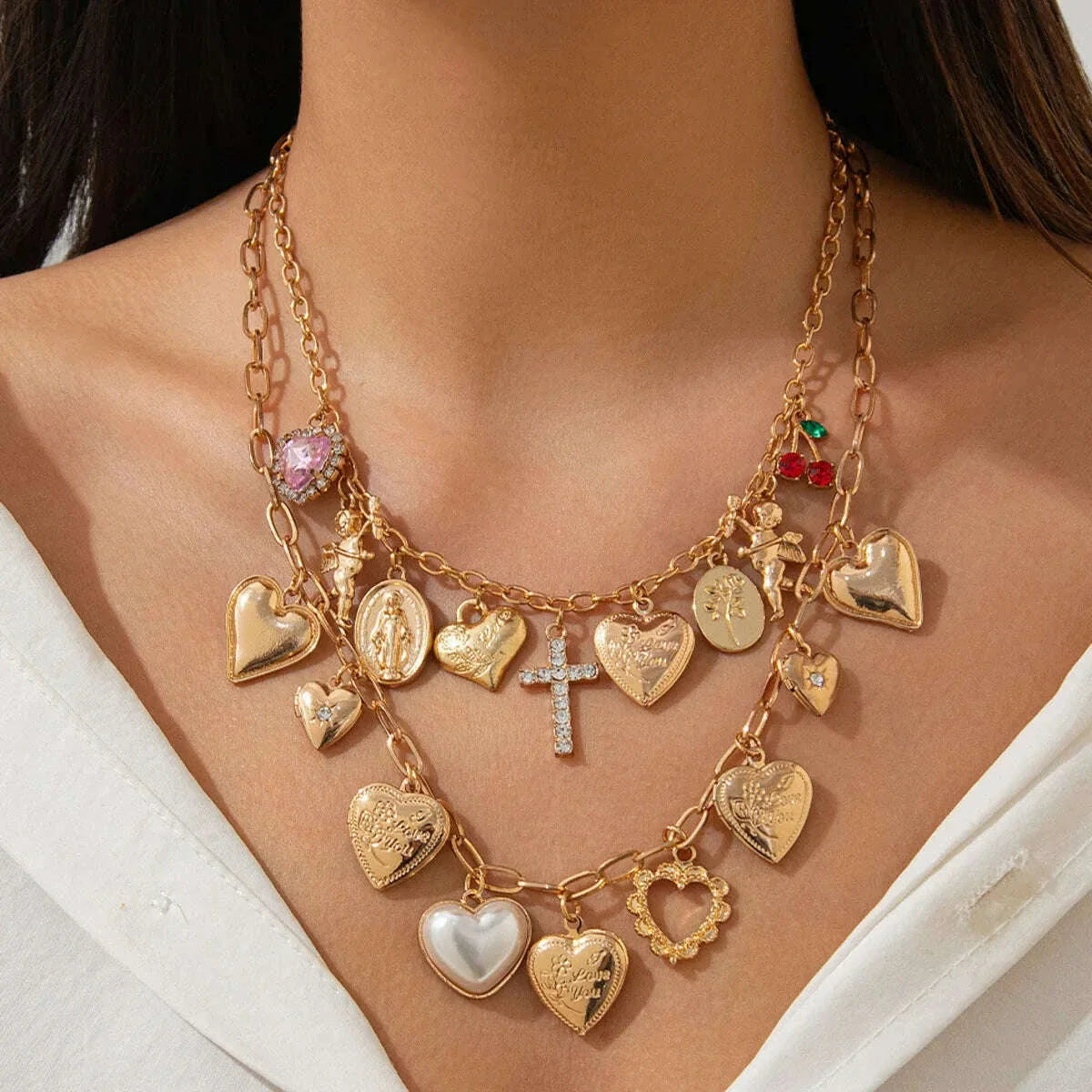 Ingemark 2Pcs/Set Punk Classic Metal Chain Necklace for Women Vintage Love Heart Rhinestone Cross Pendant New Year Jewelry Gift