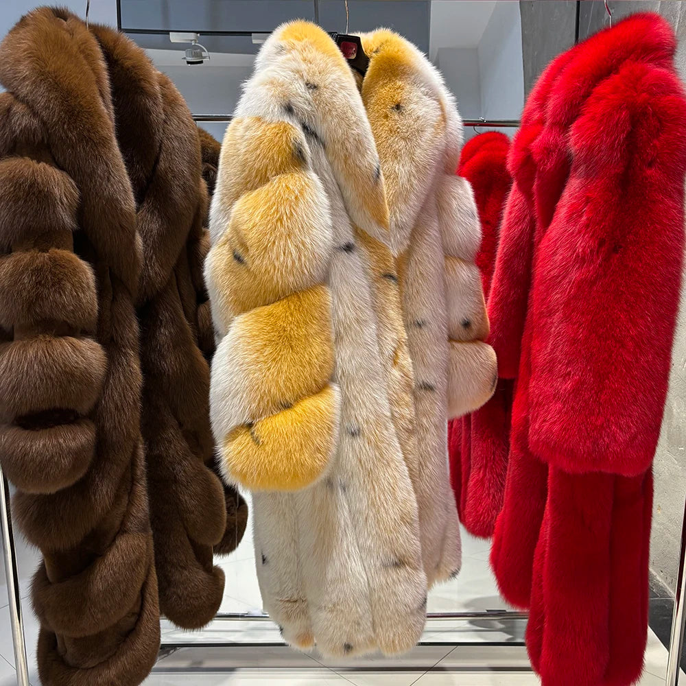 YOLOAgain Luxury Real Fox Fur Jacket Women Long Fur Coat 2025 Winter Warm