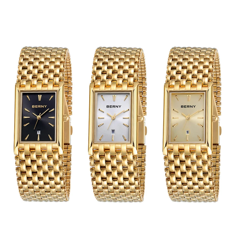 BERNY MIYOTA Quartz Watch Men Luxury Brand Men's Wristwatch Water Resistant Square Clock Stainless Steel Golden Man Watch 2023