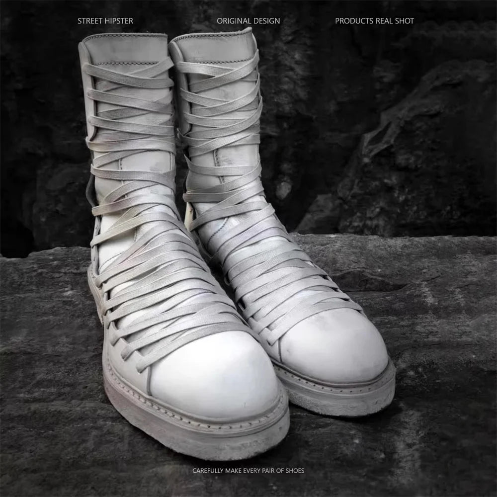 White Retro Classic Cross Strap Thick Soled High Top Boots for Men Handmade Old Motorcycle Boots Back Zipper Mid Calf Boot