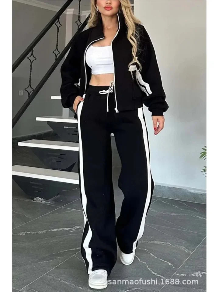 Y2K Striped Zipper Coat+sweatpants Two Piece Set Women Casual Batwing Sleeve Sports Outfits Autumn Winter Sweatshirt Suit