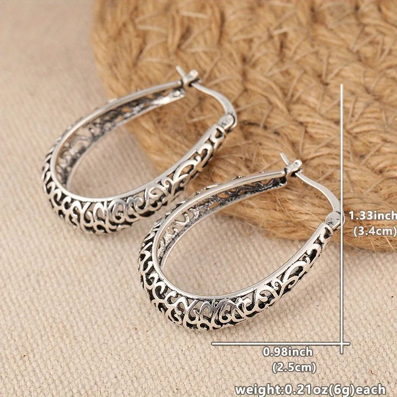 Retro Hollow Floral Carved U-Shaped Earrings Silver Plated Fashion Hoop Earrings Jewelry For Women Daily Party Banquet