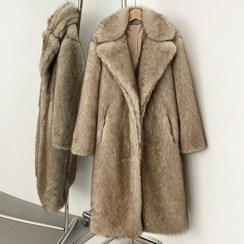 OFTBUY Long Faux Fur Jacket Fashion European Style Lapel Fur Coat Eco-friendly Covered Button Loose Casual Women Coats Winter
