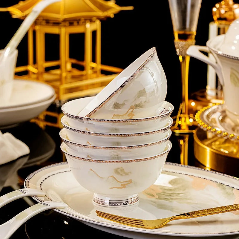 Jingdezhen dish set housewarming tableware set bowl and plate ceramic tableware set light luxury plate bowl | Kimlud...