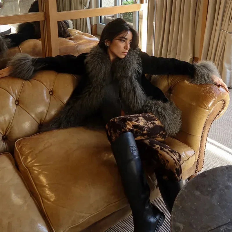 Vintage Patchwork Women's Faux Fur Trim Coat Urban Lapel Full Sleeve Female Jacket Female 2026 Spring Winter Lady Streetwear New