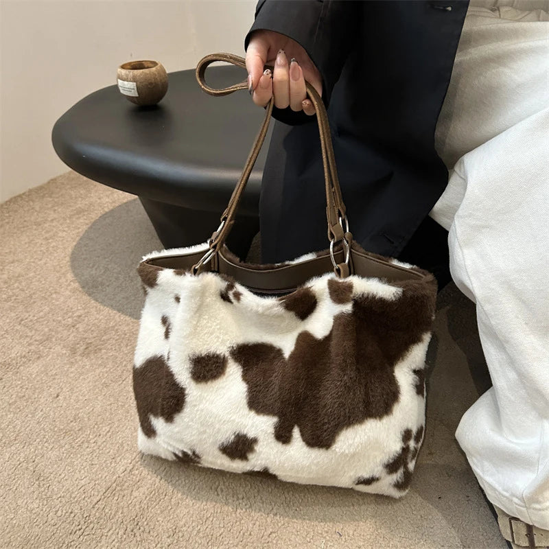 Large Capacity Shopper Bags For Women Winter Travel Tote Bag Cow Printing Plush Shoulder Bag Ladies Handbag Designer Bolsos
