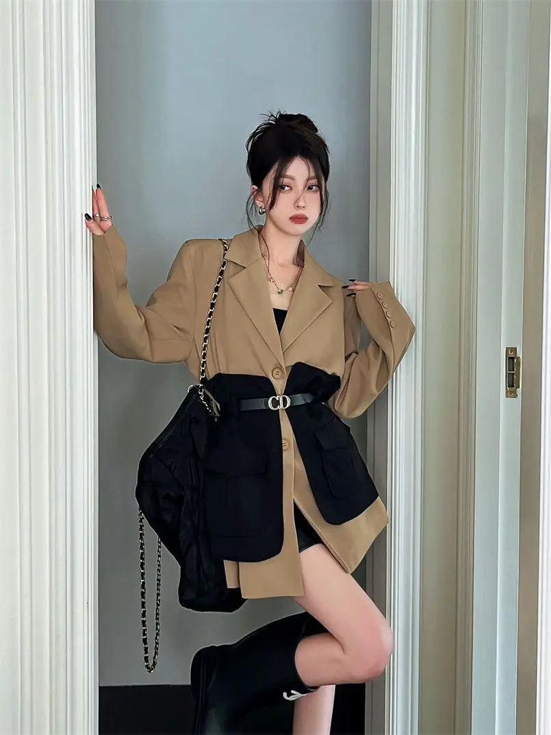 Original Design Blazer Women Fashion New Loose Spliced Pocket Korean Shrug Notched Single Breasted Blazer Mujer Femal...