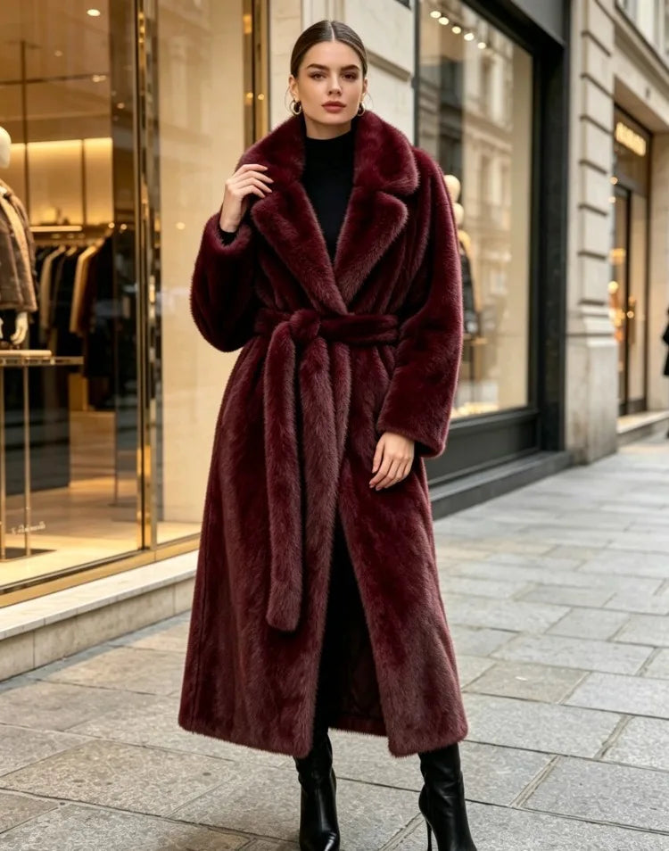 2026 Streetwear Fur Coat Women X-long Faux Mink Fur Overcoat Winter Thicken Turndown Collar Sashes Loose Outerwear Female Coats