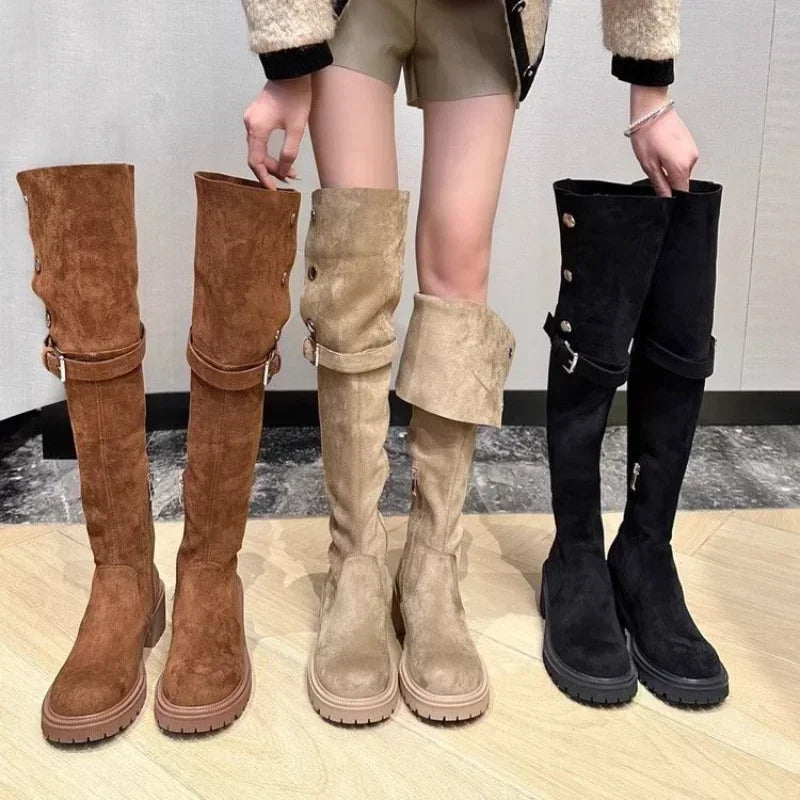Over The Knee Cowboy Boots Women Designer Winter Platform Shoes Fashion Fur Suede Wedges Thigh High Boots Motorcycle Shoes 2024