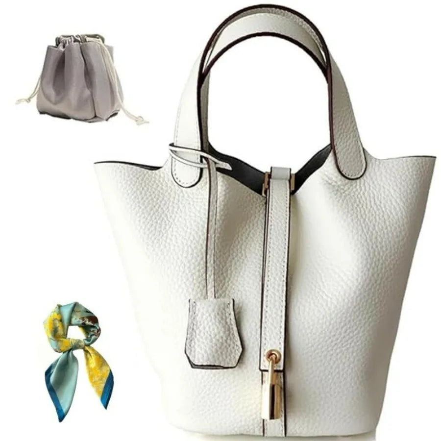 Genuine Leather Bucket Bag for Women: Lock Design Shoulder Handbag Versatile Top-Handle Tote Fashionable Vegetable...