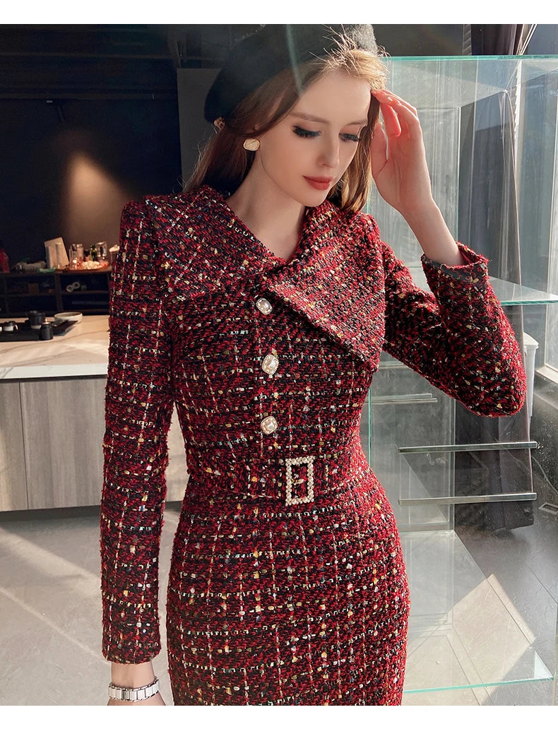 Elegant Retro Tweed Asymmetric Large Lapel Slimming Dress Women's Autumn Winter High-Grade Long Sleeve Mid-length Dress...