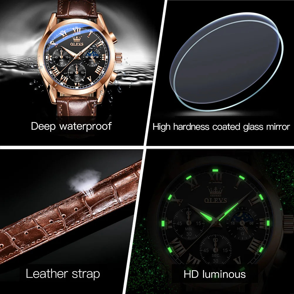 OLEVS 2871 Men Watch Original Brand Quartz Watch Multifunctional Chronograph Watch For Man Waterproof Luminous Moon Phase Watch - Kimlud