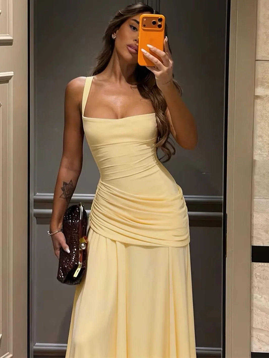 Ofherown 2026 Yellow Spaghetti Strap Evening Dress Prom Gown A-Line Formal Party Dress With Ruched Waist & Lace-Up Back