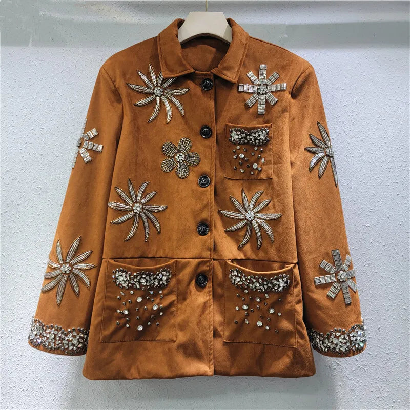WTHT 2025 Spring Fashion Women's Rivet Flower Loose Casual Jacket New Trendy Long Sleeves Single Breasted Coat Female 1LS713