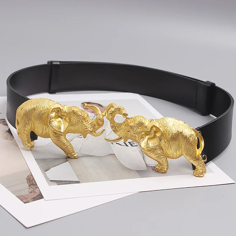 Fashion Real Leather Belts for Women Luxury Designer Female Waist Elastic Corset Belt Gold Heavy Elephant Metal Buckle