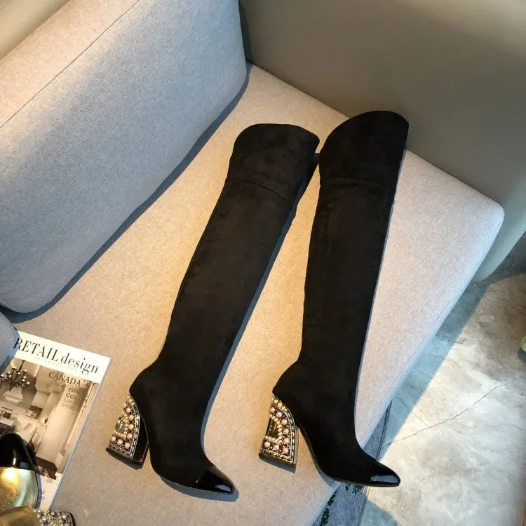 Colored Rhinestone Cowhide Mid Tube/knee Length Boots Thick Heeled Square Toe Black Gold Runway Runway Performance High Heels