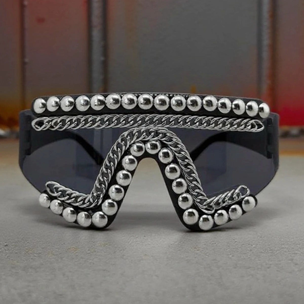 Punk Style One-piece Large Frame Sunglasses with Metal Chain Stud Women and Men Treny Exaggertated Unique Sun Glasses...