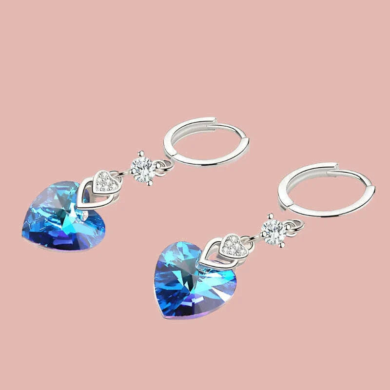 925 Sterling Silver Earrings Blue Crystal Heart-Shaped Zircon Earrings For A Woman'S Engagement Charm Jewelry Gift