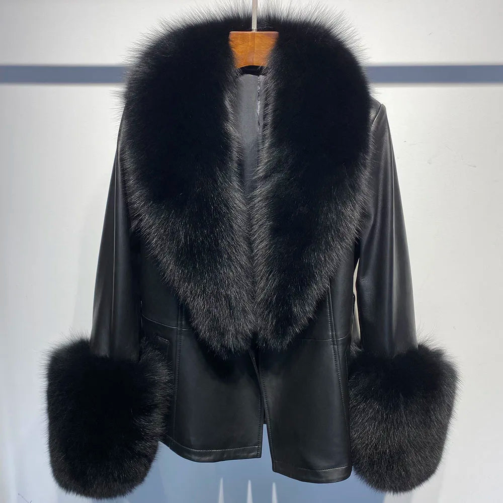YOLOAgain Women's Real Fox Fur Collar Sheepskin Leather Jacket Coat Autumn 2024