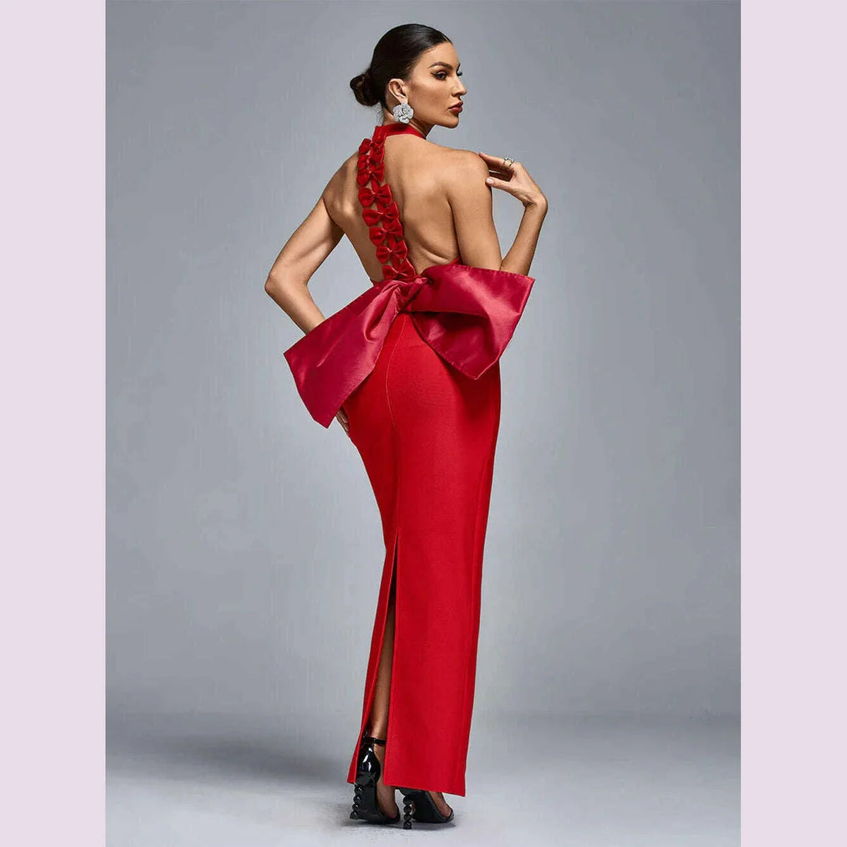 Modphy Party Bandage Bow Halter Evening Maxi Dress Women Sexy Backless Off Shoulder Sleeveless Long Female Dresses Lady Robes