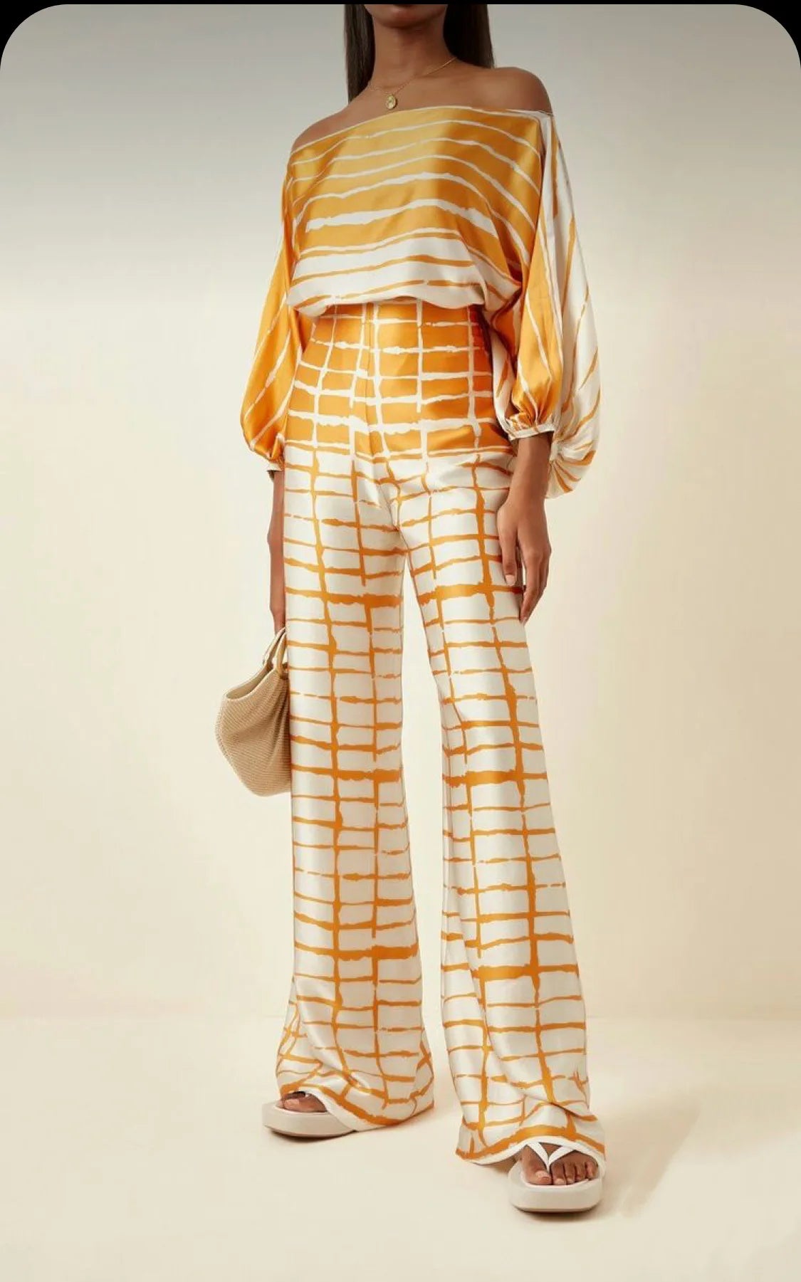 Women Satin Print Pajamas Suit Fashion Hollow Off Shoulder Tops with Long Pants 2 Piece Sets 2024 Homewear Commuting Outfits - Kimlud