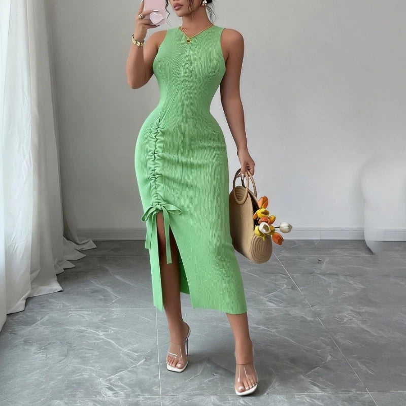 Women's Blue Sleeveless Crew Neck Ruched Side Sundress Stretchy Ribbed Knit Bodycon Midi Dress Slit Summer Daily Party Dress - Kimlud
