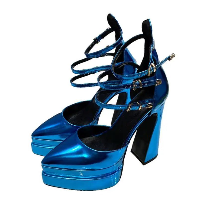 Pointed head shallow mouth fashion sexy increase thick heel patent leather rivet large party single shoe female