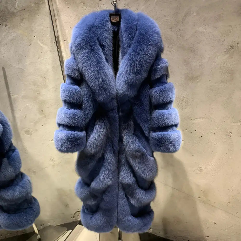 High End Customization Diagonal Stripe Fur Jacket Extra Long Floor Full Length Luxury Silver Fox Fur Coat with Big Collar