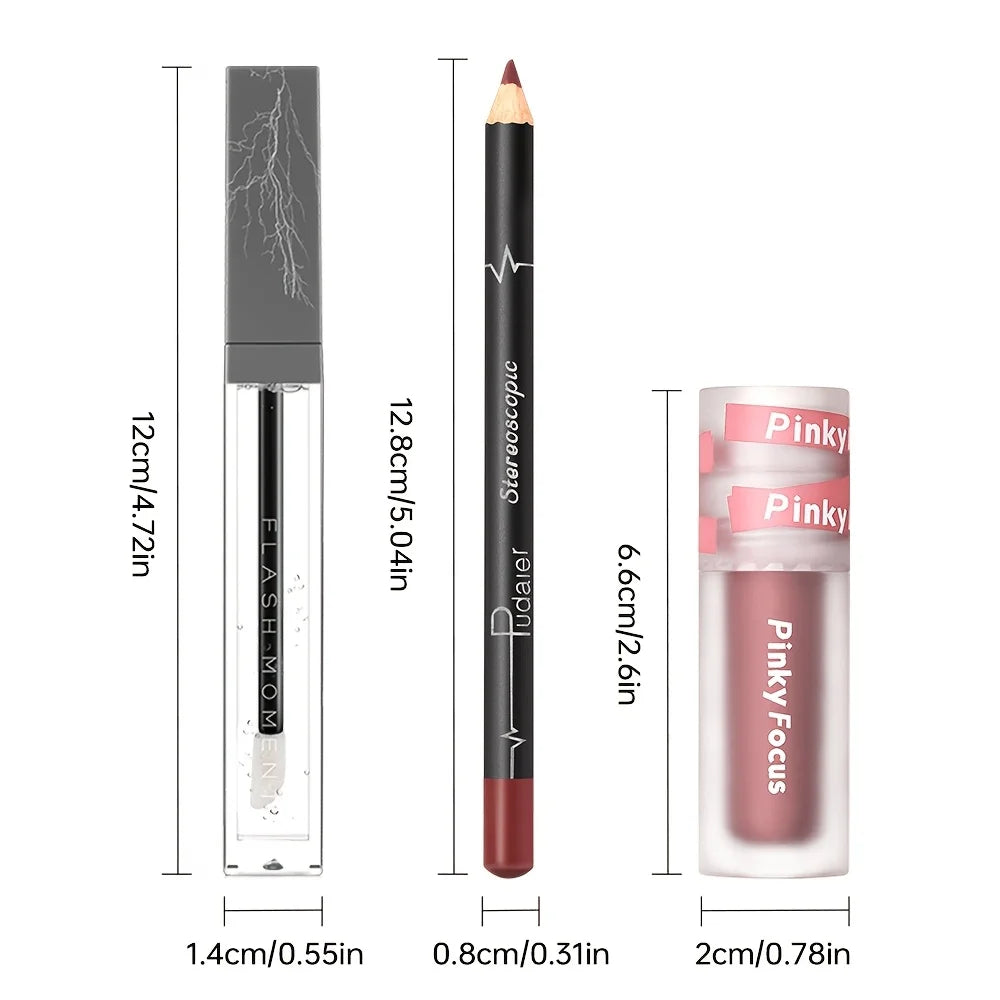 3PCS Shimmer Moisturizing Lip Gloss - Lip Liner and Lip Mud and Oil, Non-Sticky,Glitter, Nourishing Glossy Moisturizing Lipstick - Kimlud