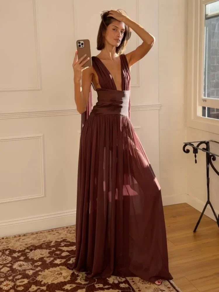 Sexy Deep V Neck Ruched Patchwork Long Dress Women Sleeveless Backless Draped A-line Dresses Celebrity Evening Party...