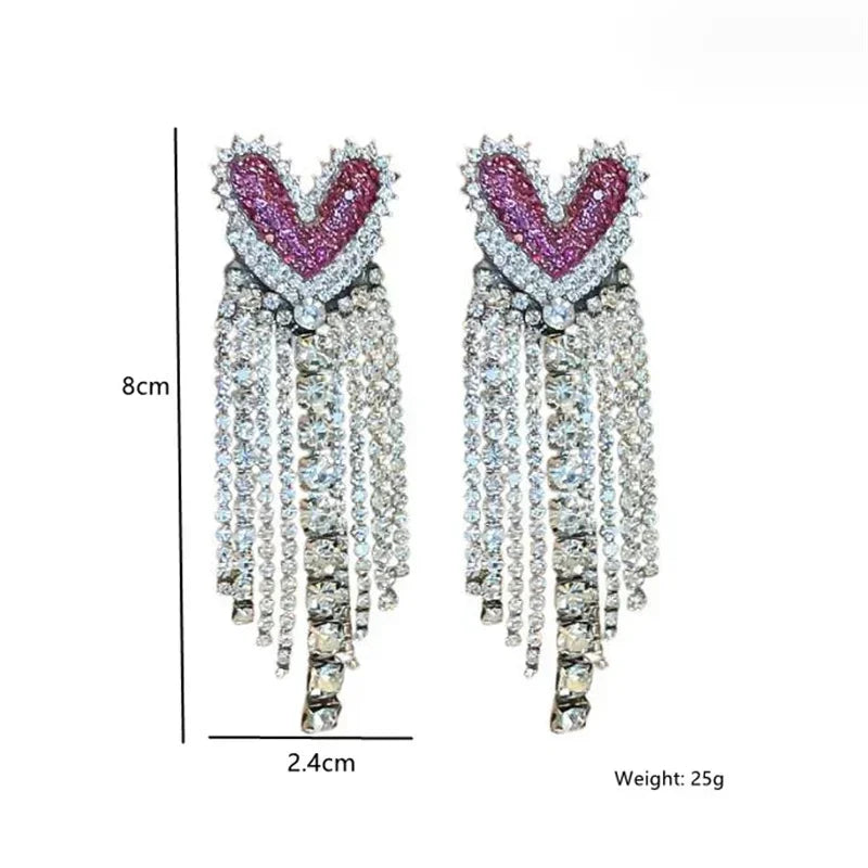 Fashion Long Tassel Rhinestone Drop Earrings for Women Pink Heart Crystal Dangle Earrings Statement Jewelry