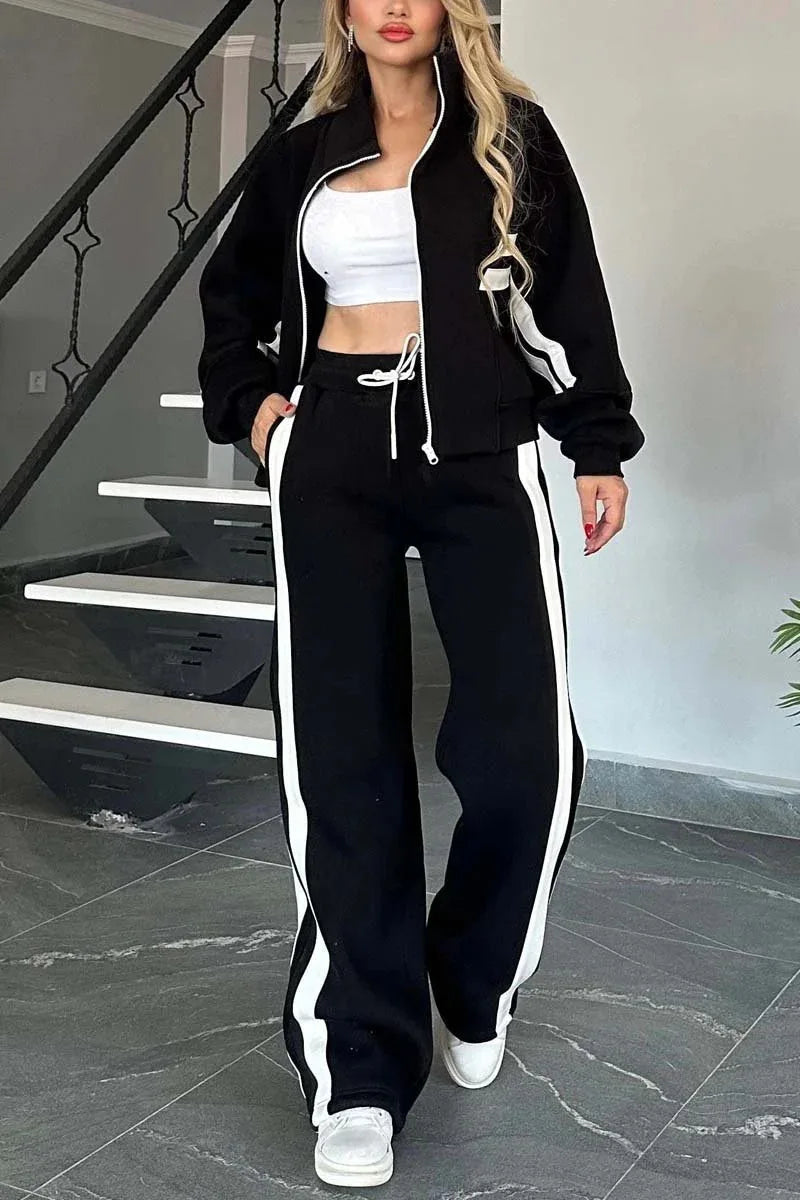 Autumn Winter Women's New Hoodie Suit Y2K Striped Zipper Loose Fit Jacket Outwear And High Waist Side-striped Pants Sports Sets - Kimlud