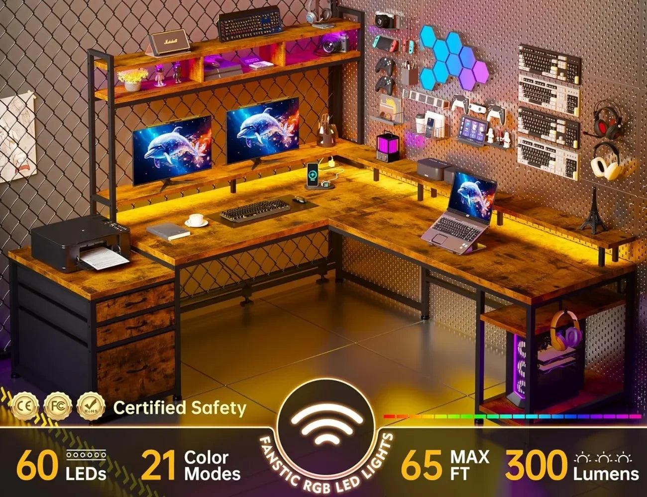 Premium Shaped Desk with Drawers Reversible Large L Shaped Gaming Desk withShelf Gaming Desk with