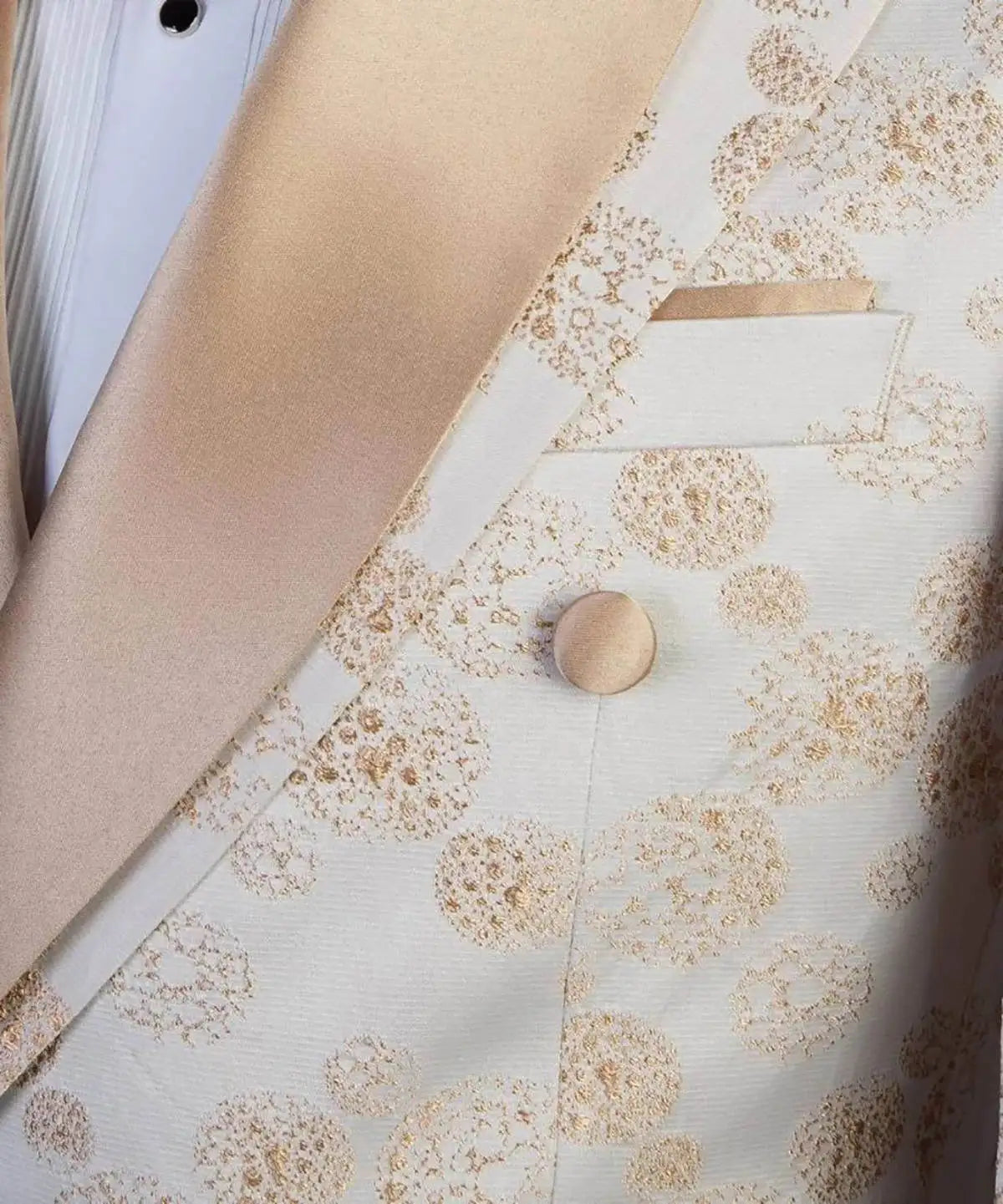 Floral Jacquard Mens Wedding Tuxedos Slim Fit Champagne Peaked Lapel Double Breasted Jacket Pants 2 Pieces